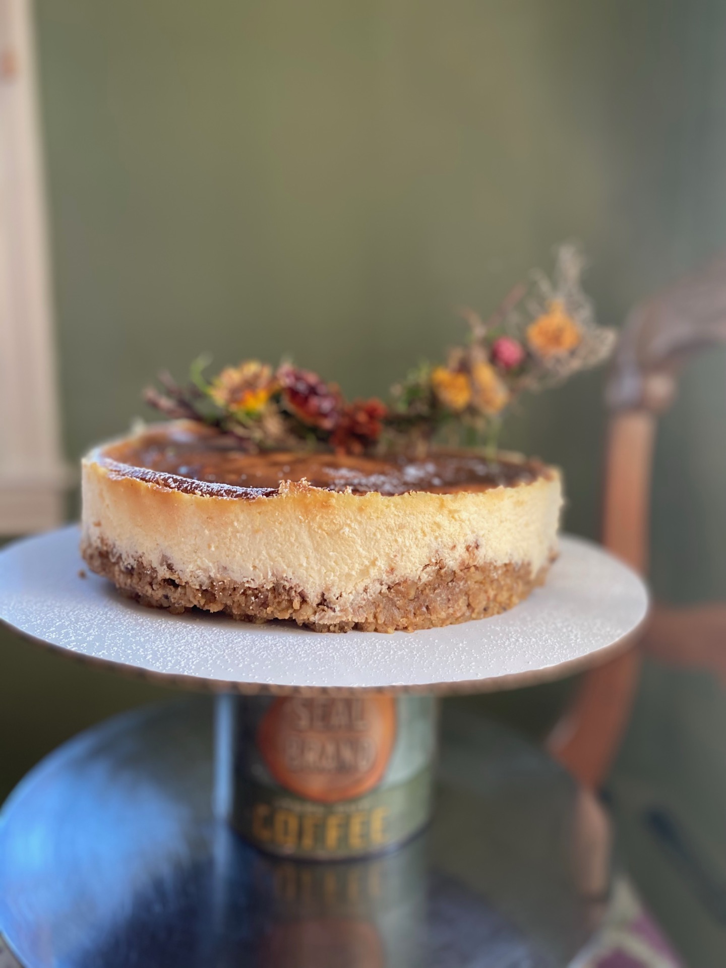 Burnt Basque Cheesecake on a cake stand