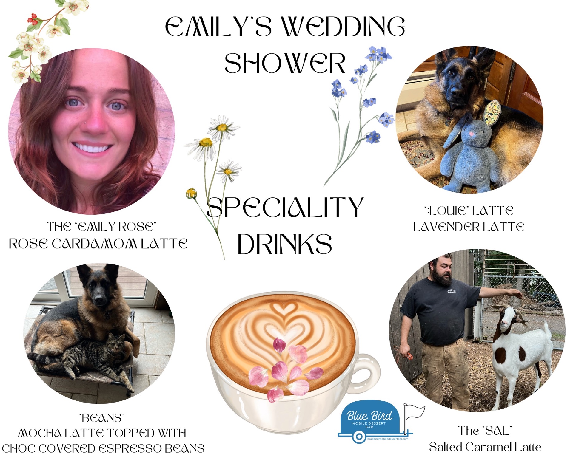 Custom specialty drinks menu for Emily's Wedding Shower featuring pet-inspired signature lattes