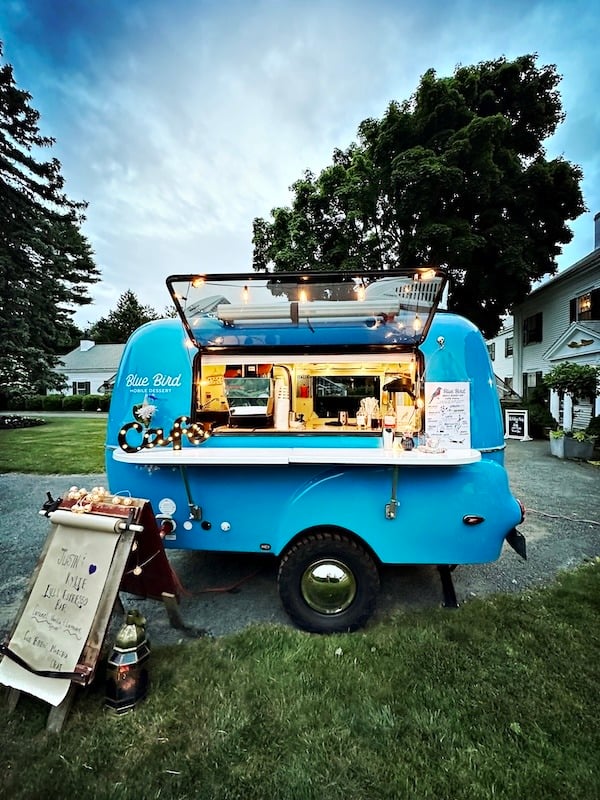 The Blue Bird camper set up as a café, ready for service